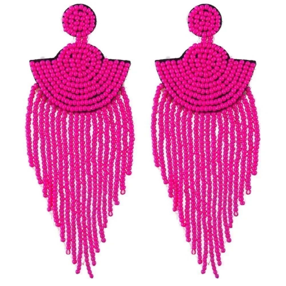 Long Boho Pink Beaded Tassel Fringe Dangling Drop Fan Chandelier Post Earrings